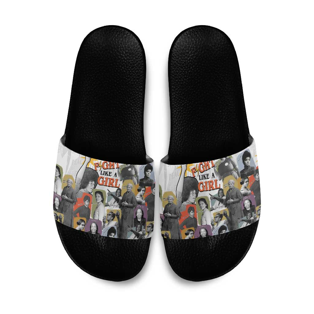 Black History Fight Like A Girl Slide Sandals African Feminist Icons and Bold Retro Art Style - Wonder Print Shop