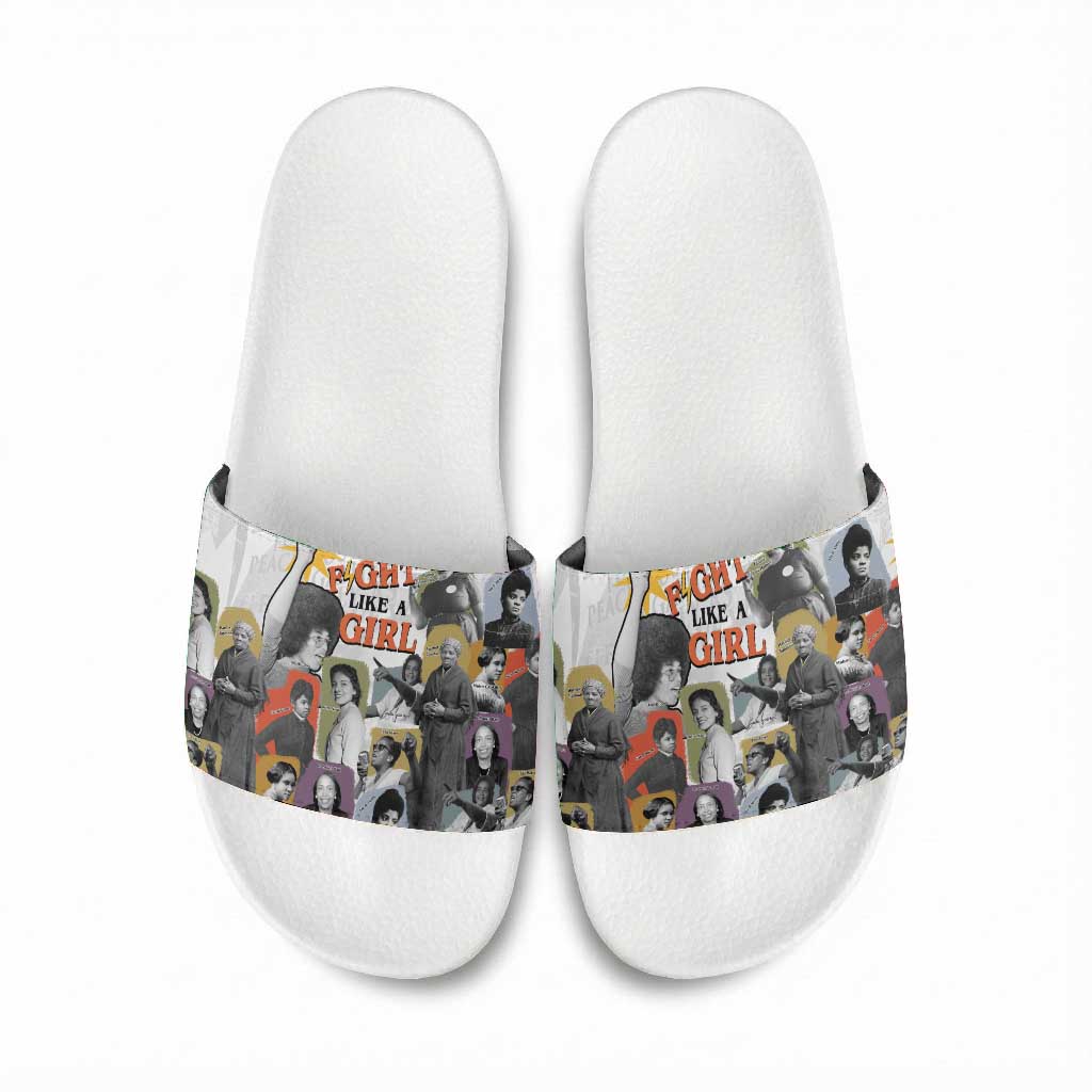 Black History Fight Like A Girl Slide Sandals African Feminist Icons and Bold Retro Art Style - Wonder Print Shop