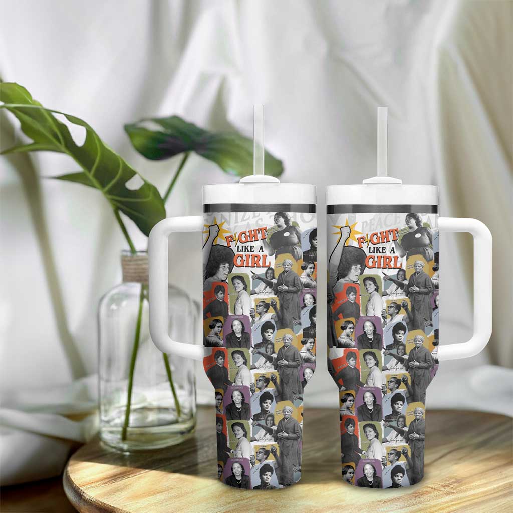 Black History Fight Like A Girl Tumbler With Handle African Feminist Icons and Bold Retro Art Style - Wonder Print Shop
