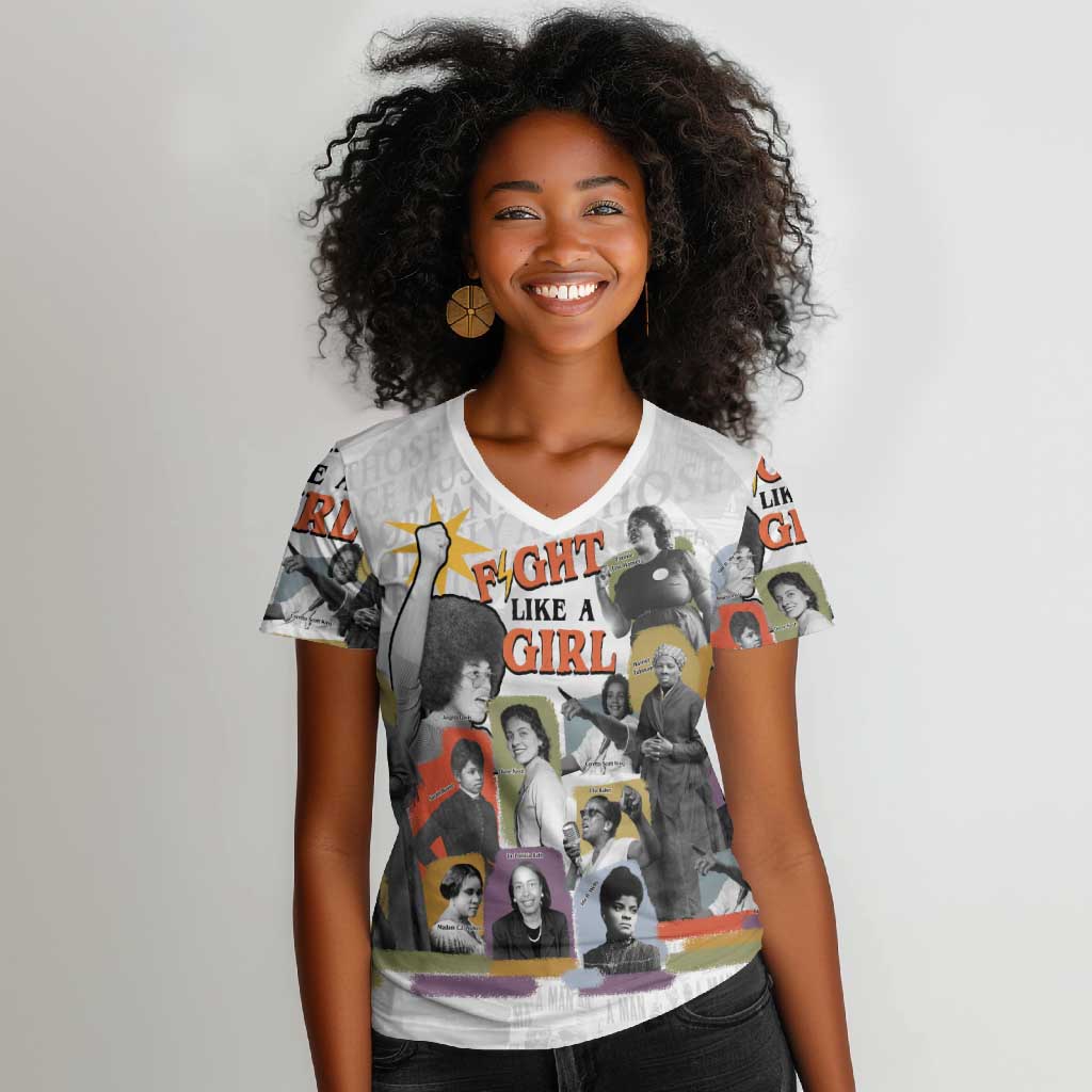 Black History Fight Like A Girl Women V-Neck T-Shirt African Feminist Icons and Bold Retro Art Style - Wonder Print Shop