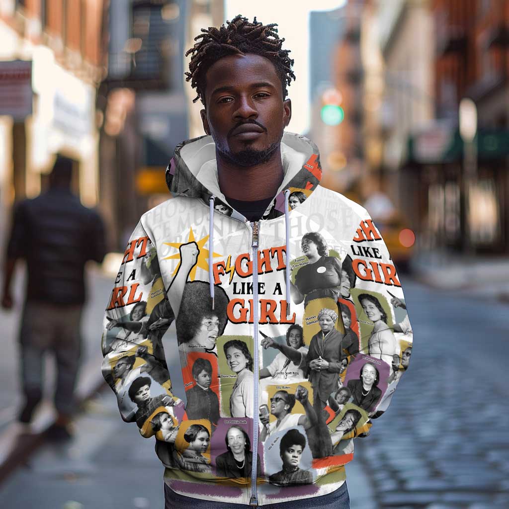 Black History Fight Like A Girl Zip Hoodie African Feminist Icons and Bold Retro Art Style - Wonder Print Shop