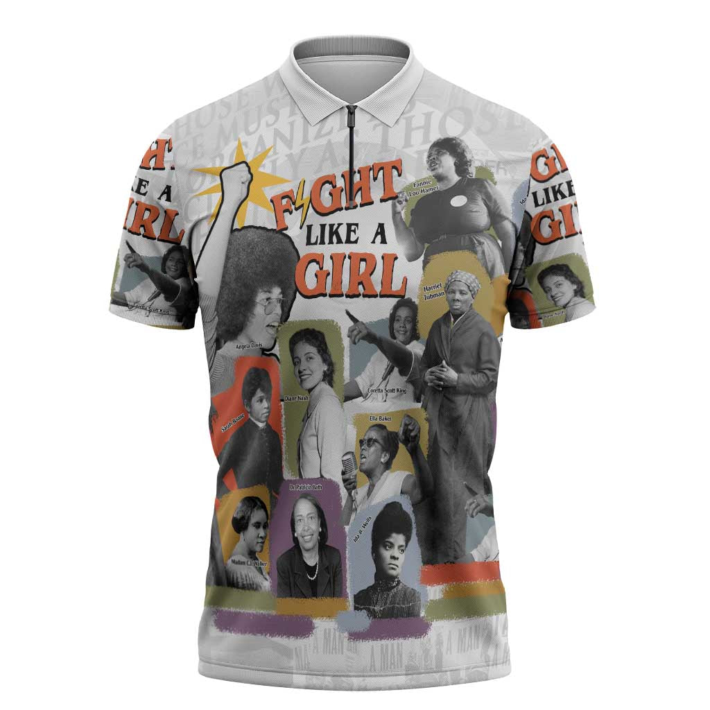 Black History Fight Like A Girl Zipper Polo Shirt African Feminist Icons and Bold Retro Art Style - Wonder Print Shop
