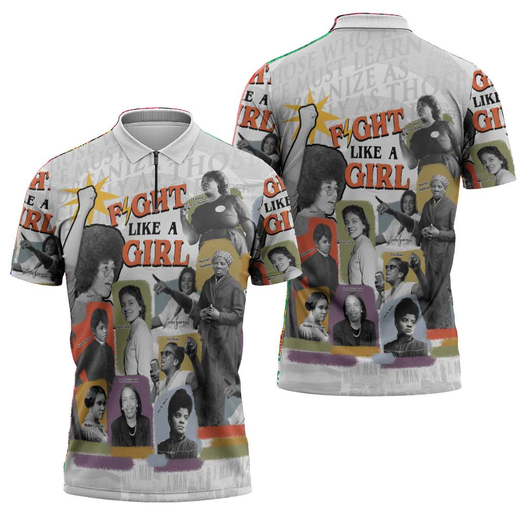 Black History Fight Like A Girl Zipper Polo Shirt African Feminist Icons and Bold Retro Art Style - Wonder Print Shop