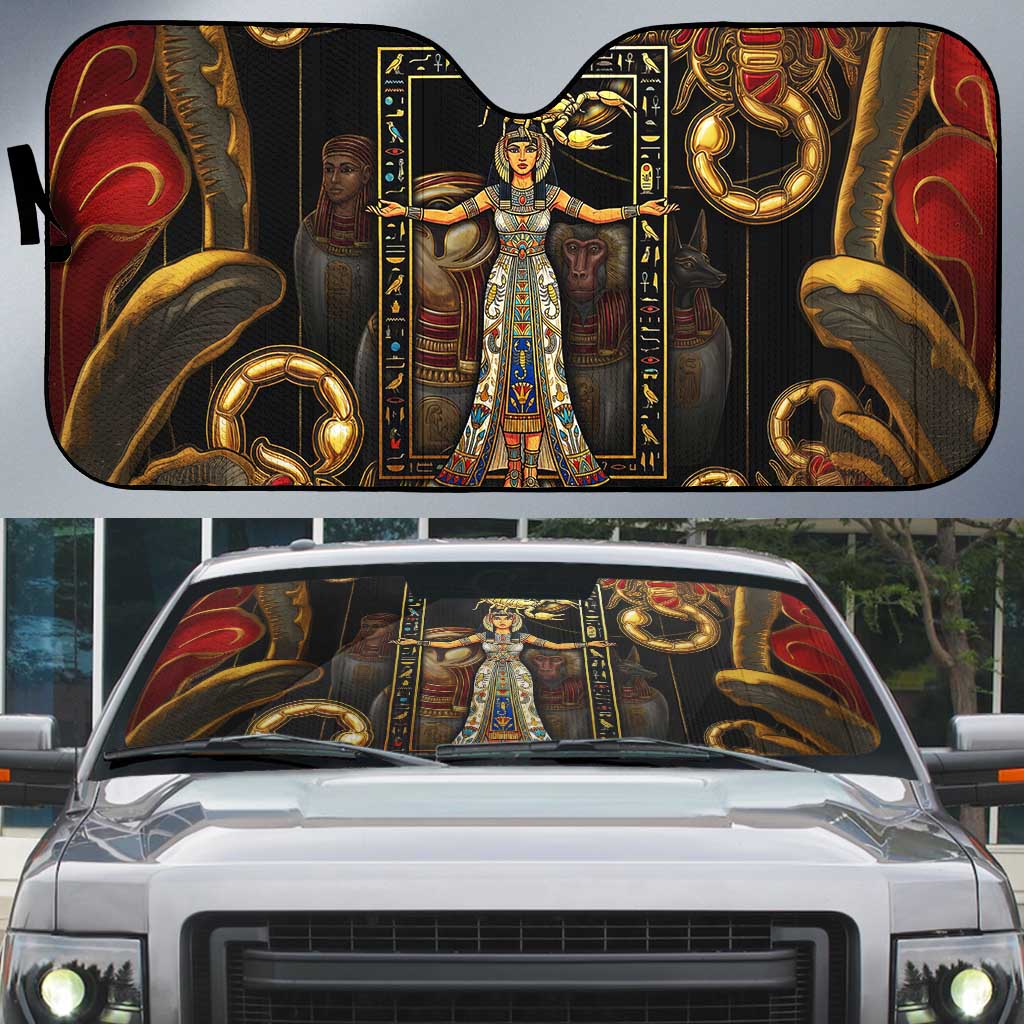 Serket Ancient Egyptian Auto Sun Shade with Canopic Jars and Scorpion Motif in Protection