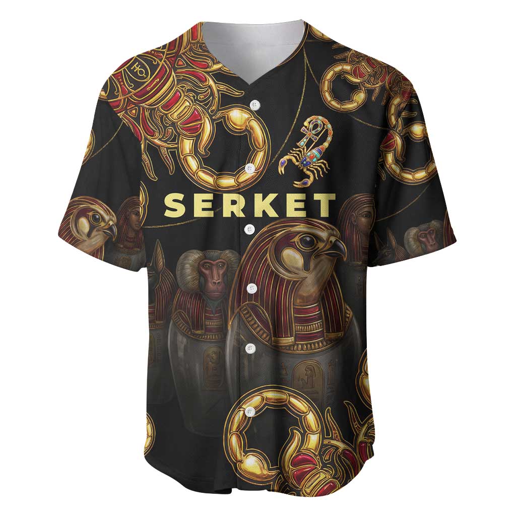 Serket Ancient Egyptian Baseball Jersey with Canopic Jars and Scorpion Motif in Protection