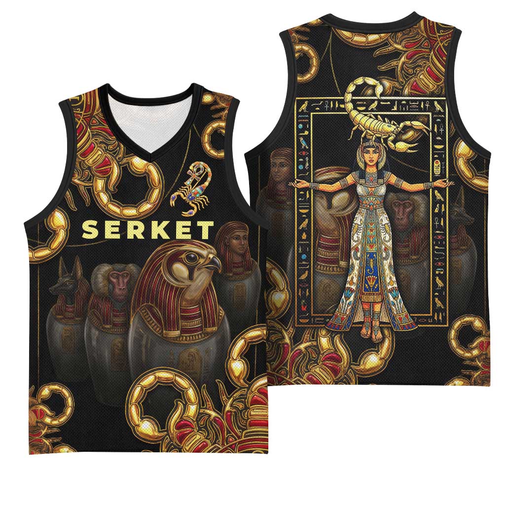 Serket Ancient Egyptian Basketball Jersey with Canopic Jars and Scorpion Motif in Protection