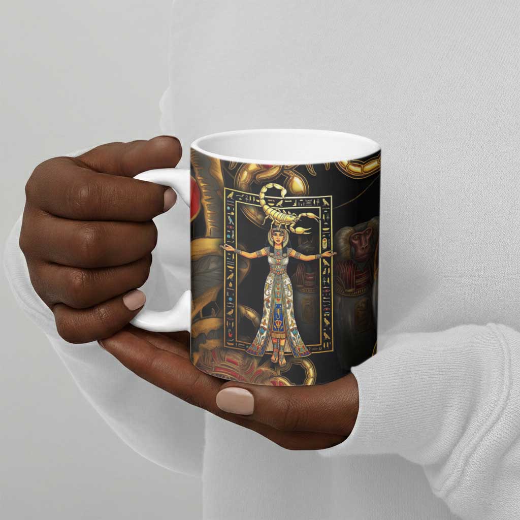 Serket Ancient Egyptian Ceramic Mug with Canopic Jars and Scorpion Motif in Protection