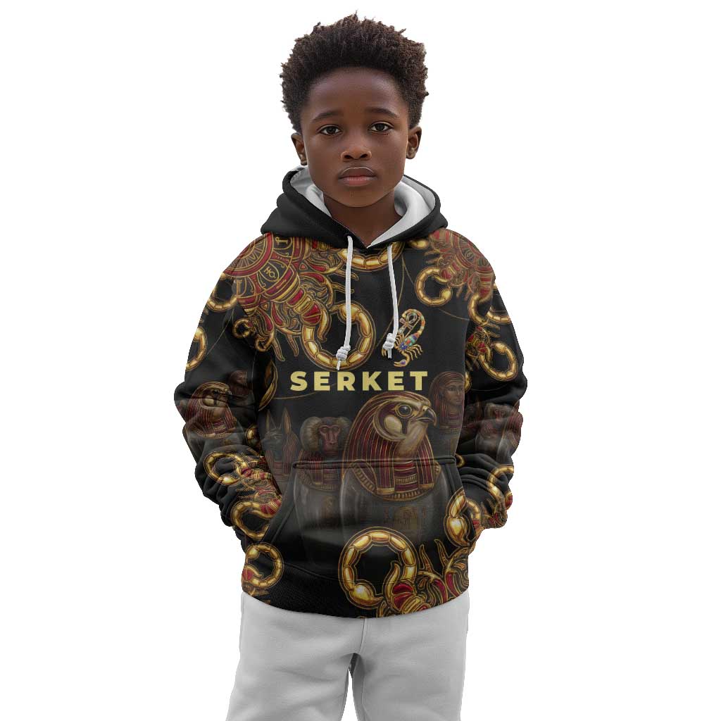 Serket Ancient Egyptian Kid Hoodie with Canopic Jars and Scorpion Motif in Protection