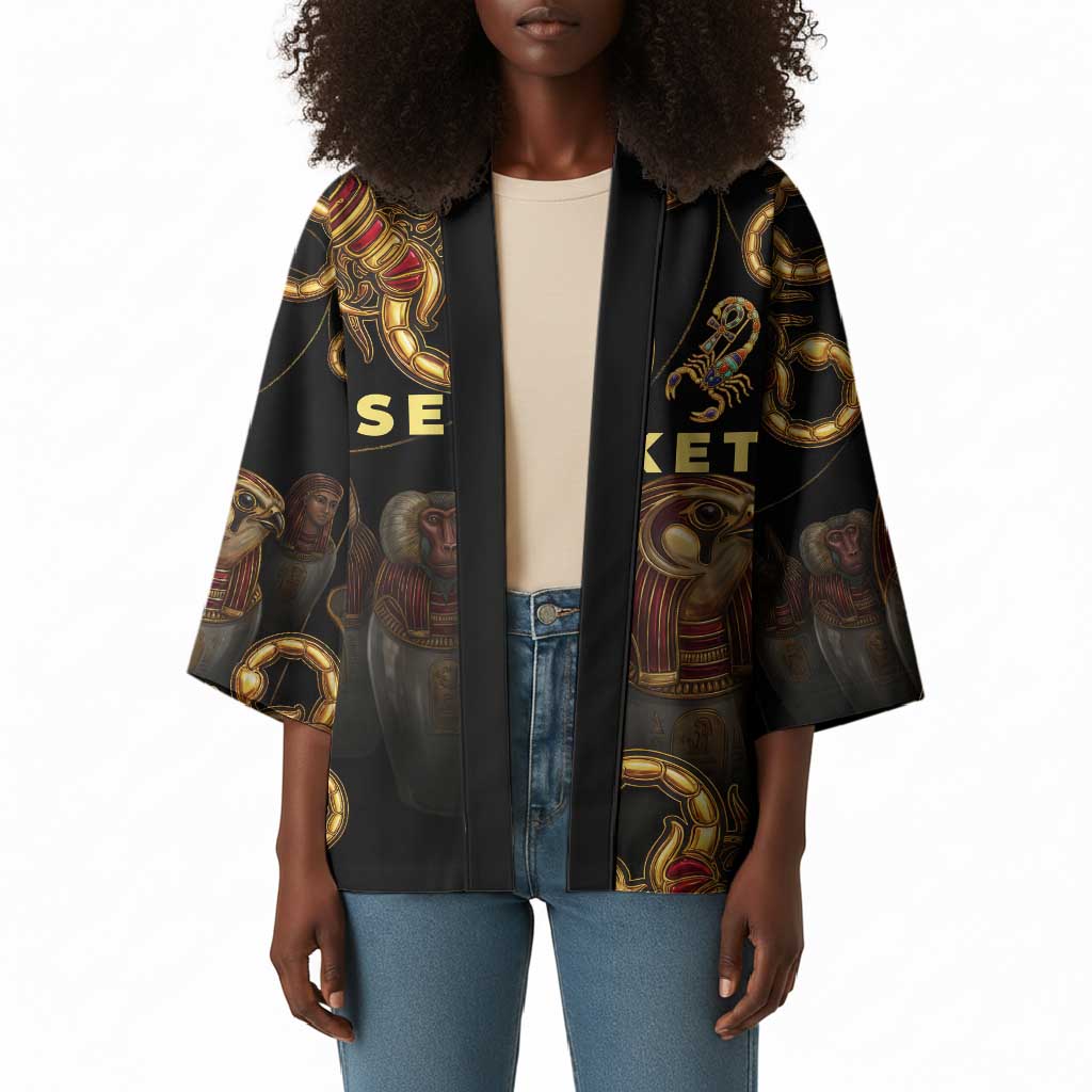 Serket Ancient Egyptian Kimono with Canopic Jars and Scorpion Motif in Protection