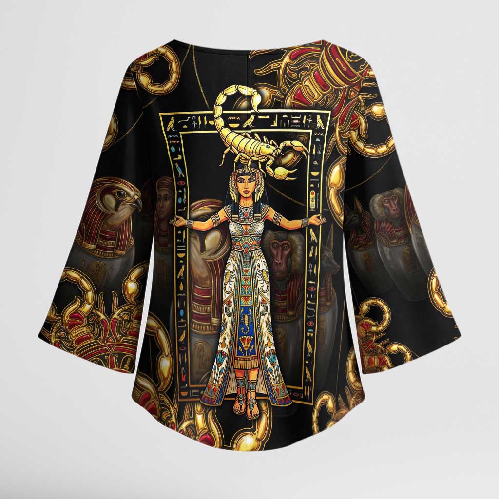 Serket Ancient Egyptian Kimono Sleeve Blouse with Canopic Jars and Scorpion Motif in Protection