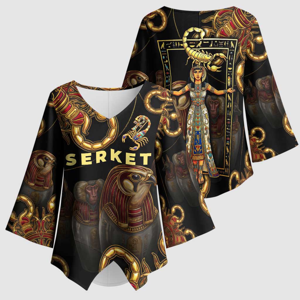 Serket Ancient Egyptian Kimono Sleeve Blouse with Canopic Jars and Scorpion Motif in Protection