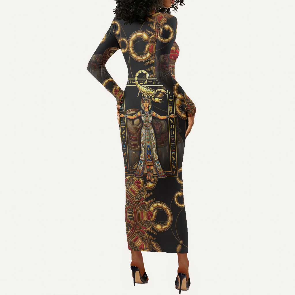 Serket Ancient Egyptian Long Sleeve Bodycon Dress with Canopic Jars and Scorpion Motif in Protection