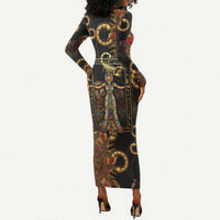 Serket Ancient Egyptian Long Sleeve Bodycon Dress with Canopic Jars and Scorpion Motif in Protection