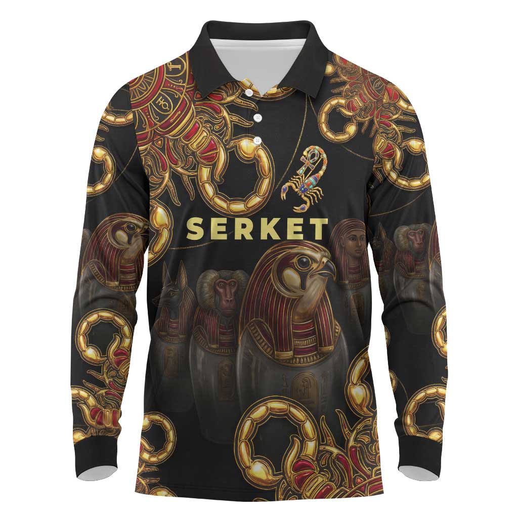 Serket Ancient Egyptian Long Sleeve Polo Shirt with Canopic Jars and Scorpion Motif in Protection