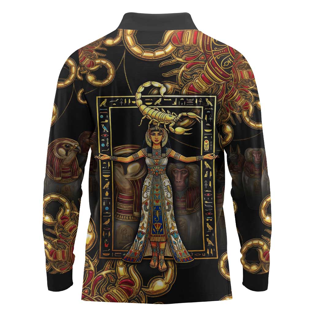 Serket Ancient Egyptian Long Sleeve Polo Shirt with Canopic Jars and Scorpion Motif in Protection