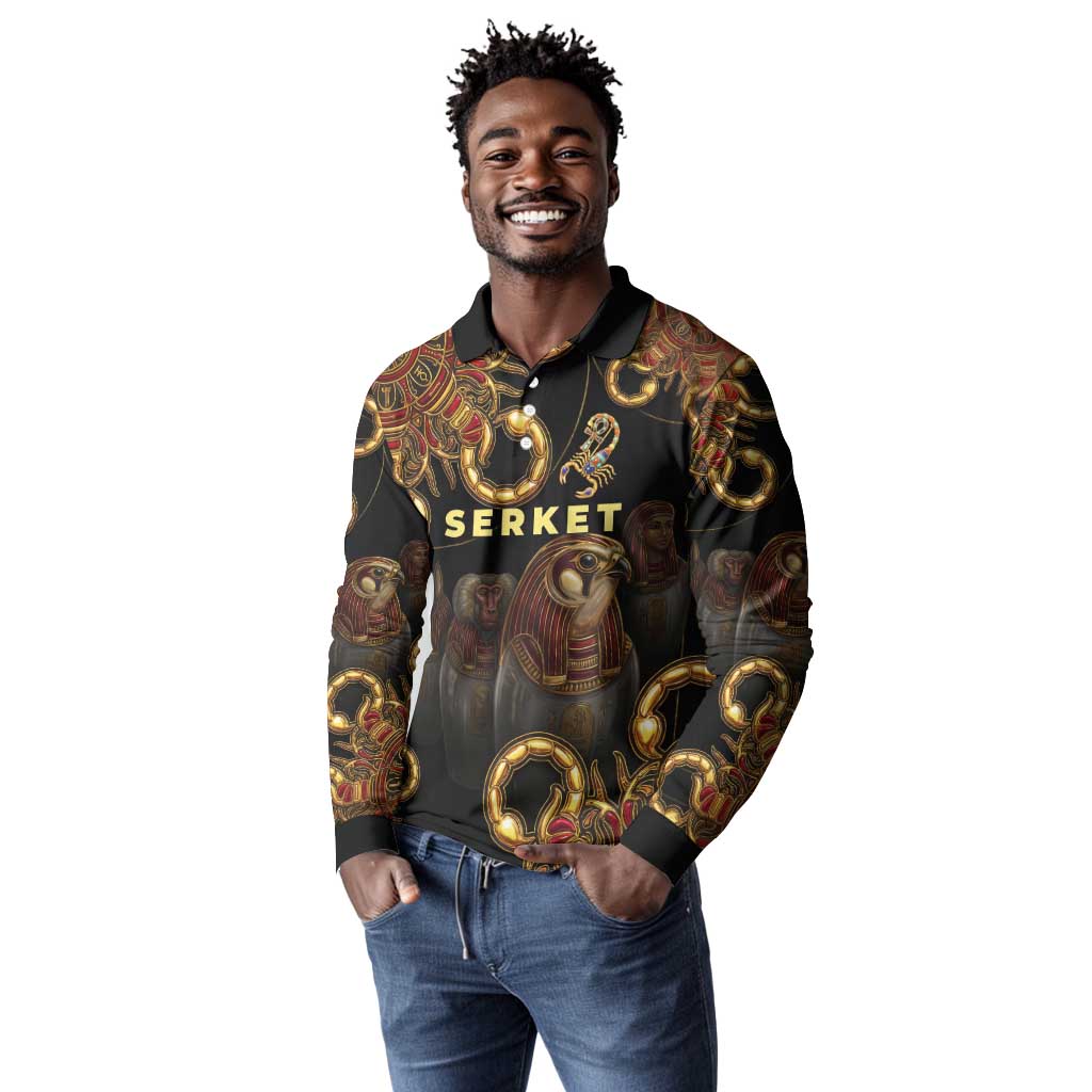 Serket Ancient Egyptian Long Sleeve Polo Shirt with Canopic Jars and Scorpion Motif in Protection