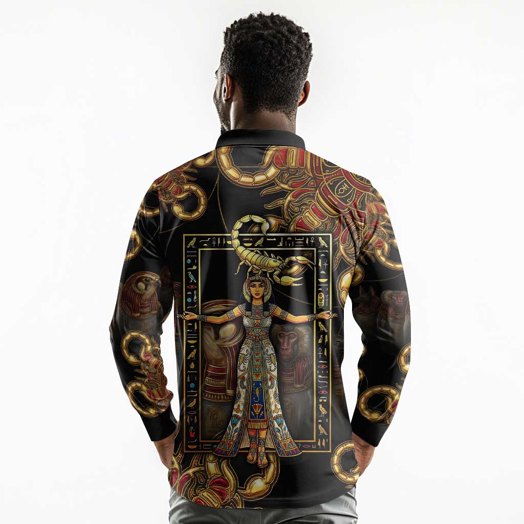 Serket Ancient Egyptian Long Sleeve Polo Shirt with Canopic Jars and Scorpion Motif in Protection