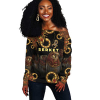 Serket Ancient Egyptian Off Shoulder Sweater with Canopic Jars and Scorpion Motif in Protection