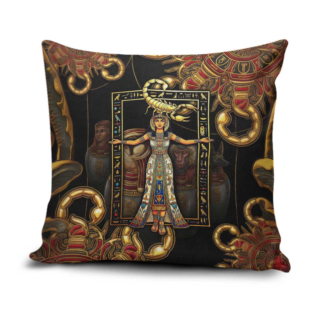 Serket Ancient Egyptian Pillow Cover with Canopic Jars and Scorpion Motif in Protection