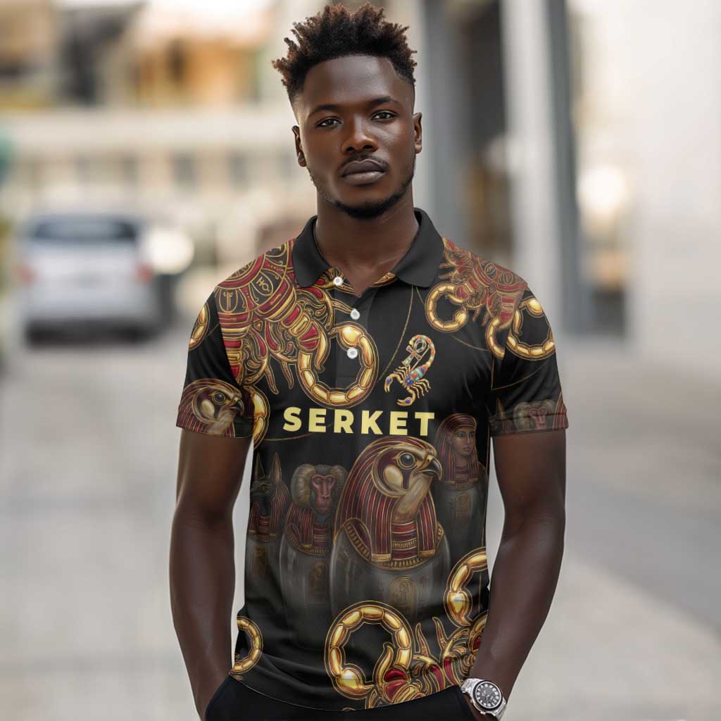 Serket Ancient Egyptian Polo Shirt with Canopic Jars and Scorpion Motif in Protection
