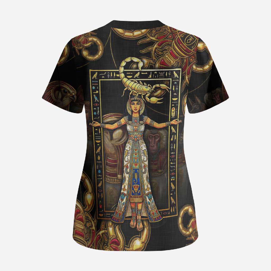 Serket Ancient Egyptian Scrub Top with Canopic Jars and Scorpion Motif in Protection