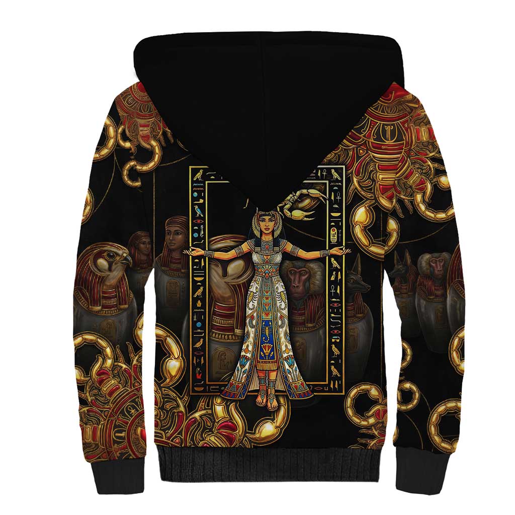 Serket Ancient Egyptian Sherpa Hoodie with Canopic Jars and Scorpion Motif in Protection