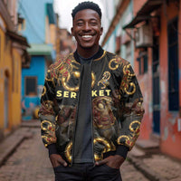 Serket Ancient Egyptian Sleeve Zip Bomber Jacket with Canopic Jars and Scorpion Motif in Protection