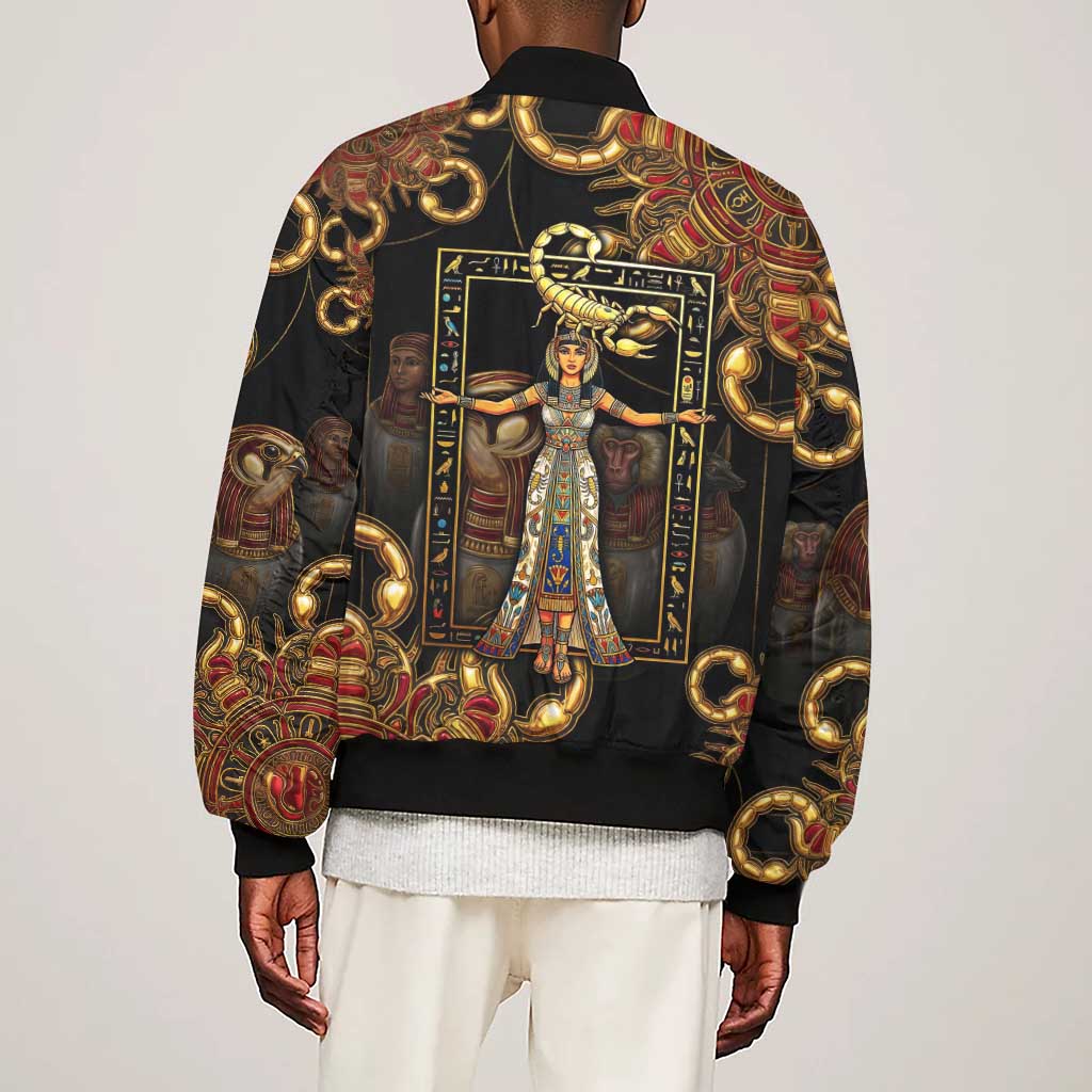 Serket Ancient Egyptian Sleeve Zip Bomber Jacket with Canopic Jars and Scorpion Motif in Protection