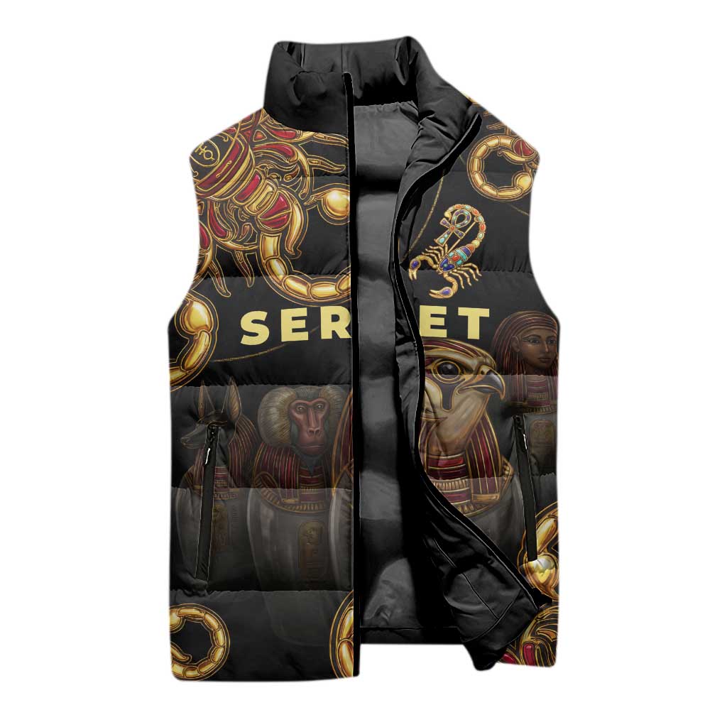 Serket Ancient Egyptian Sleeveless Puffer Jacket with Canopic Jars and Scorpion Motif in Protection