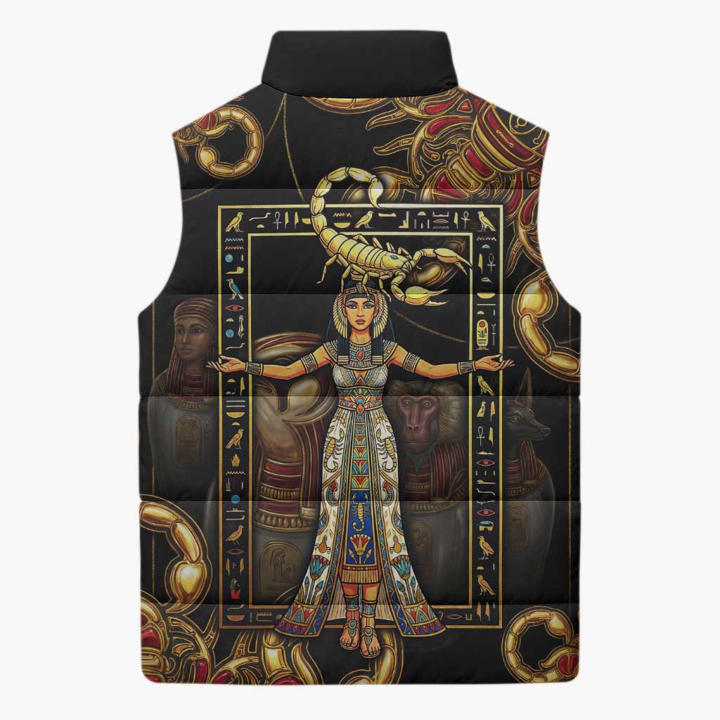 Serket Ancient Egyptian Sleeveless Puffer Jacket with Canopic Jars and Scorpion Motif in Protection