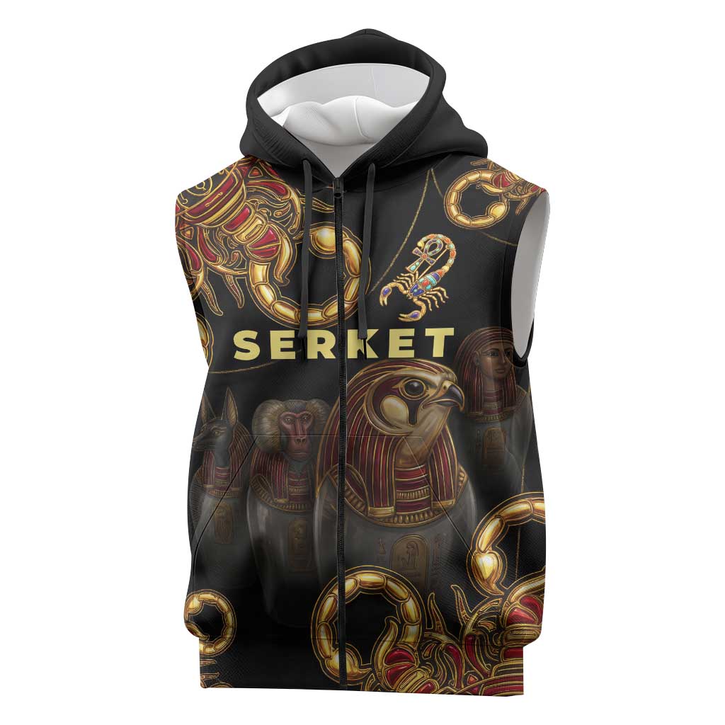 Serket Ancient Egyptian Sleeveless Zip Hoodie with Canopic Jars and Scorpion Motif in Protection