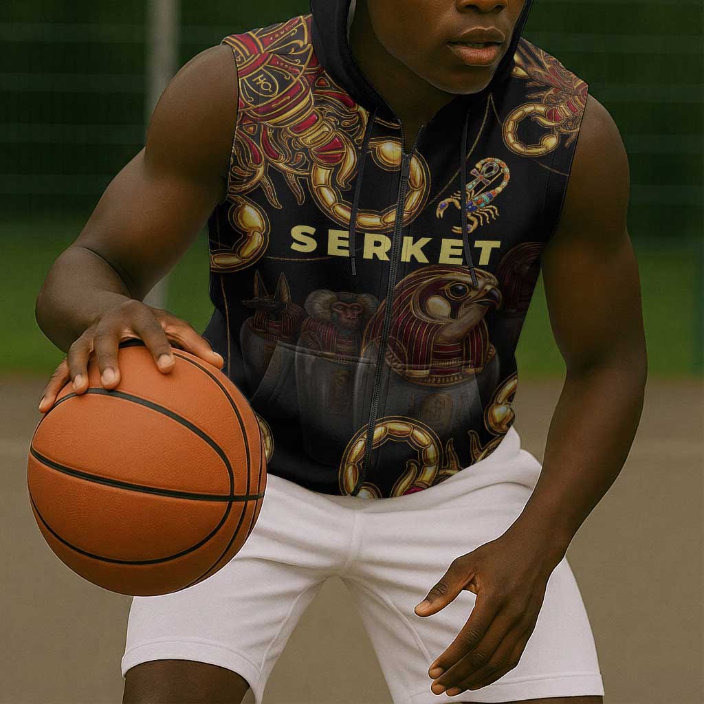 Serket Ancient Egyptian Sleeveless Zip Hoodie with Canopic Jars and Scorpion Motif in Protection