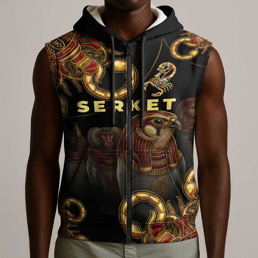 Serket Ancient Egyptian Sleeveless Zip Hoodie with Canopic Jars and Scorpion Motif in Protection