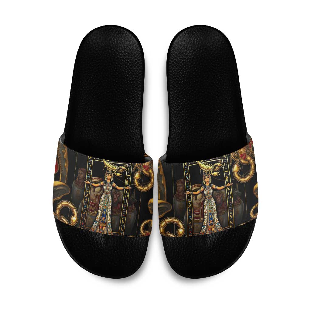 Serket Ancient Egyptian Slide Sandals with Canopic Jars and Scorpion Motif in Protection