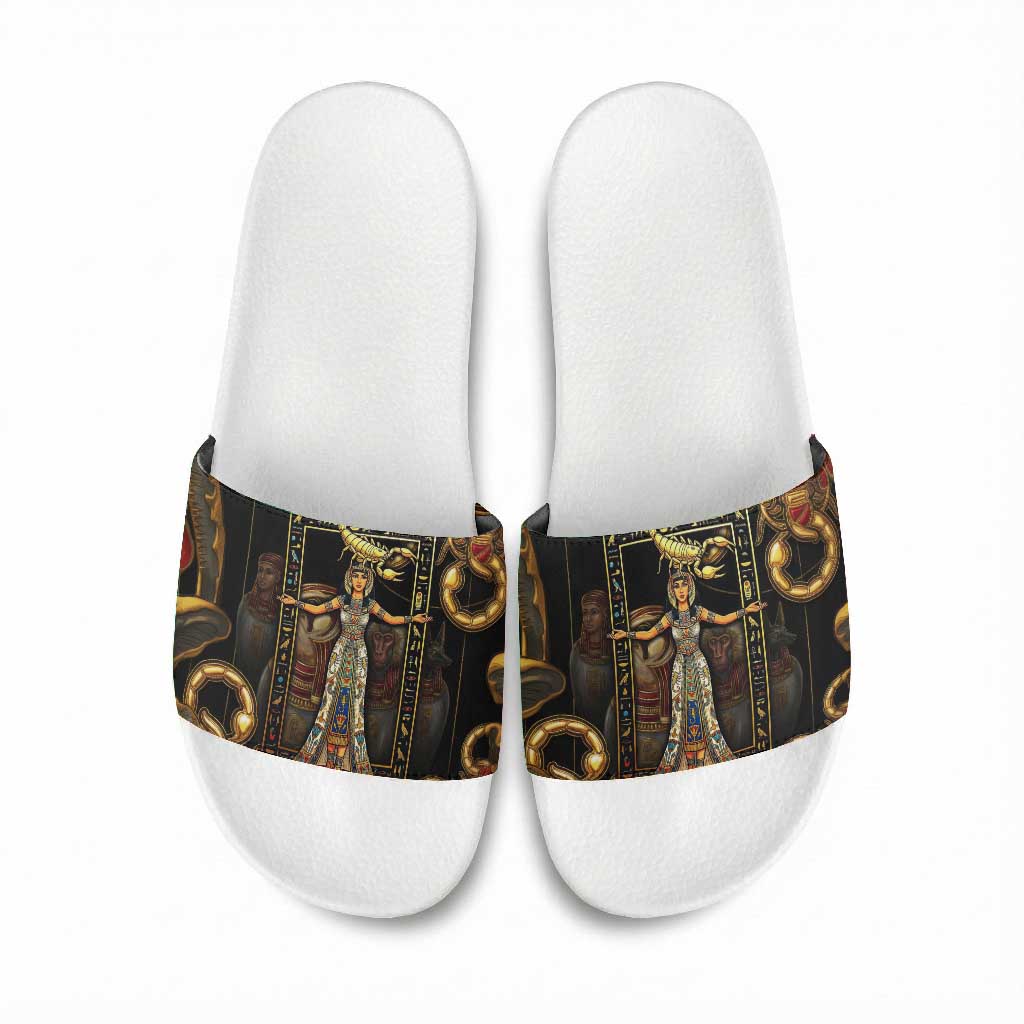Serket Ancient Egyptian Slide Sandals with Canopic Jars and Scorpion Motif in Protection