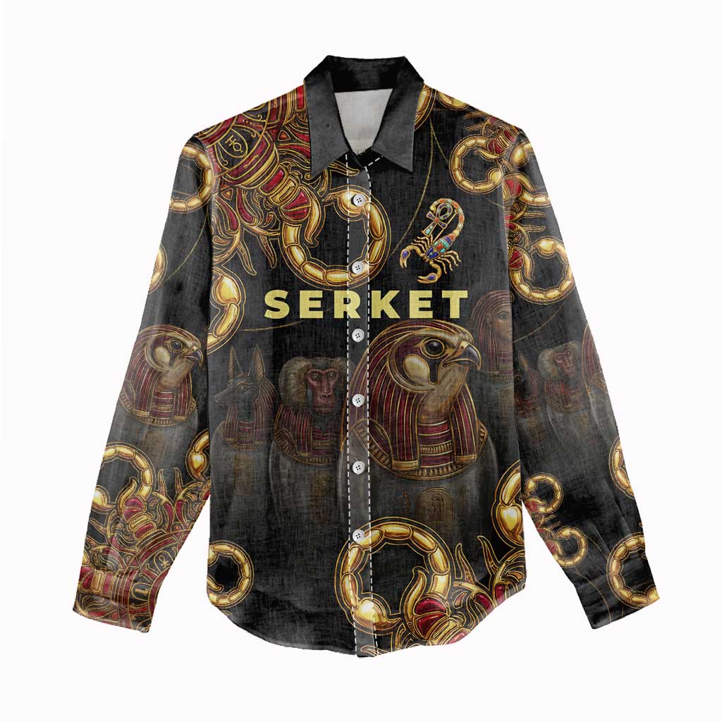 Serket Ancient Egyptian Women Casual Shirt with Canopic Jars and Scorpion Motif in Protection