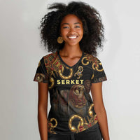 Serket Ancient Egyptian Women V-Neck T-Shirt with Canopic Jars and Scorpion Motif in Protection