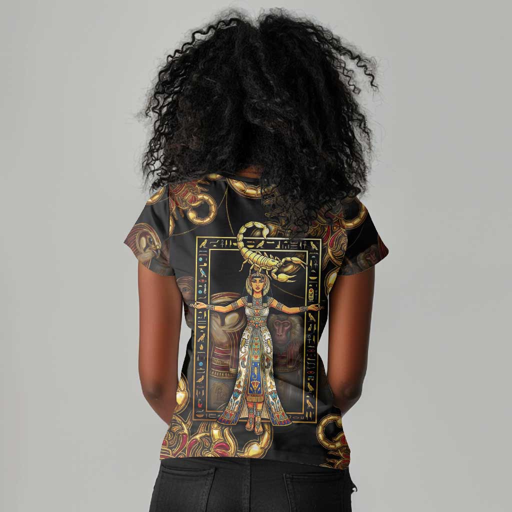 Serket Ancient Egyptian Women V-Neck T-Shirt with Canopic Jars and Scorpion Motif in Protection