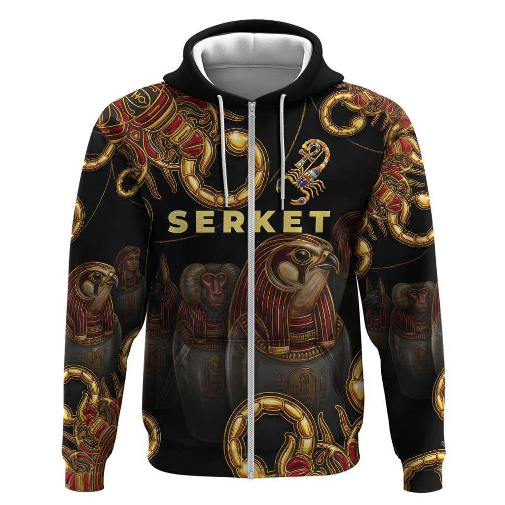 Serket Ancient Egyptian Zip Hoodie with Canopic Jars and Scorpion Motif in Protection