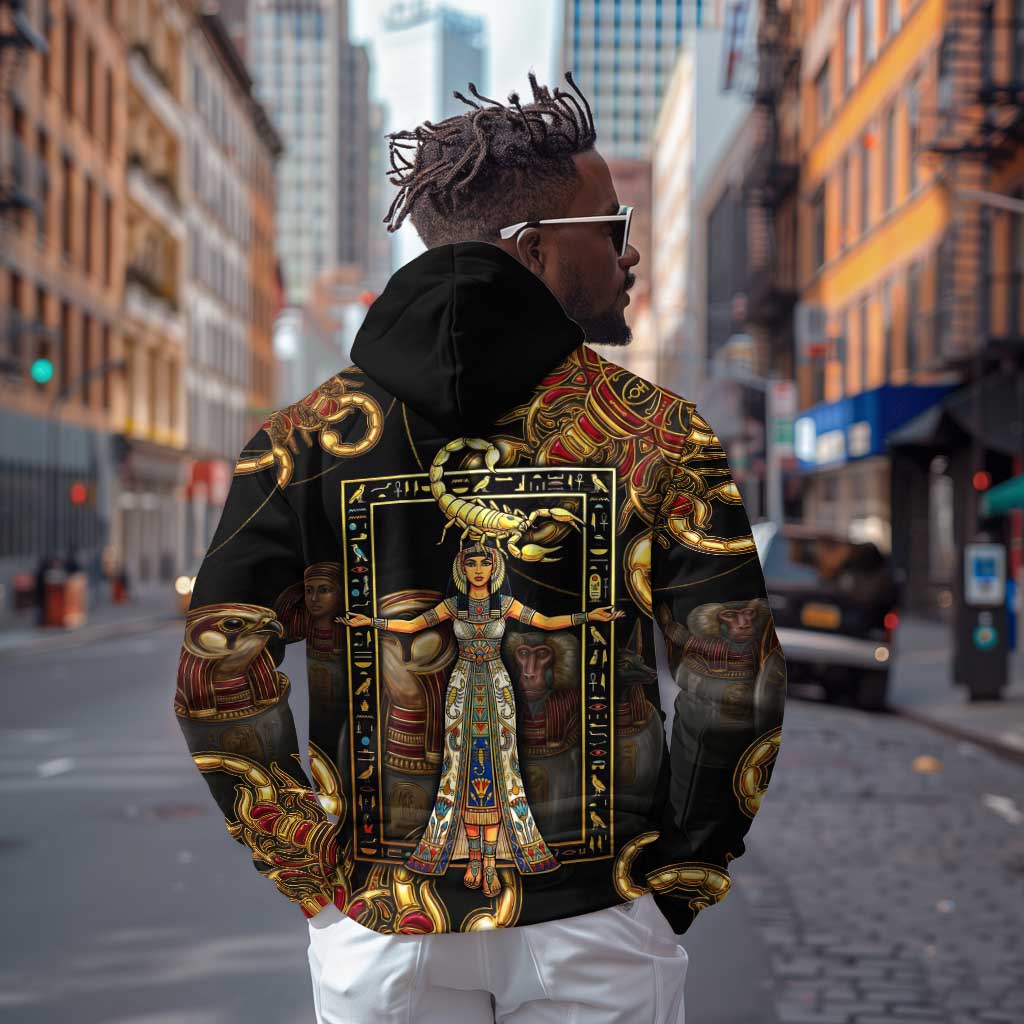 Serket Ancient Egyptian Zip Hoodie with Canopic Jars and Scorpion Motif in Protection