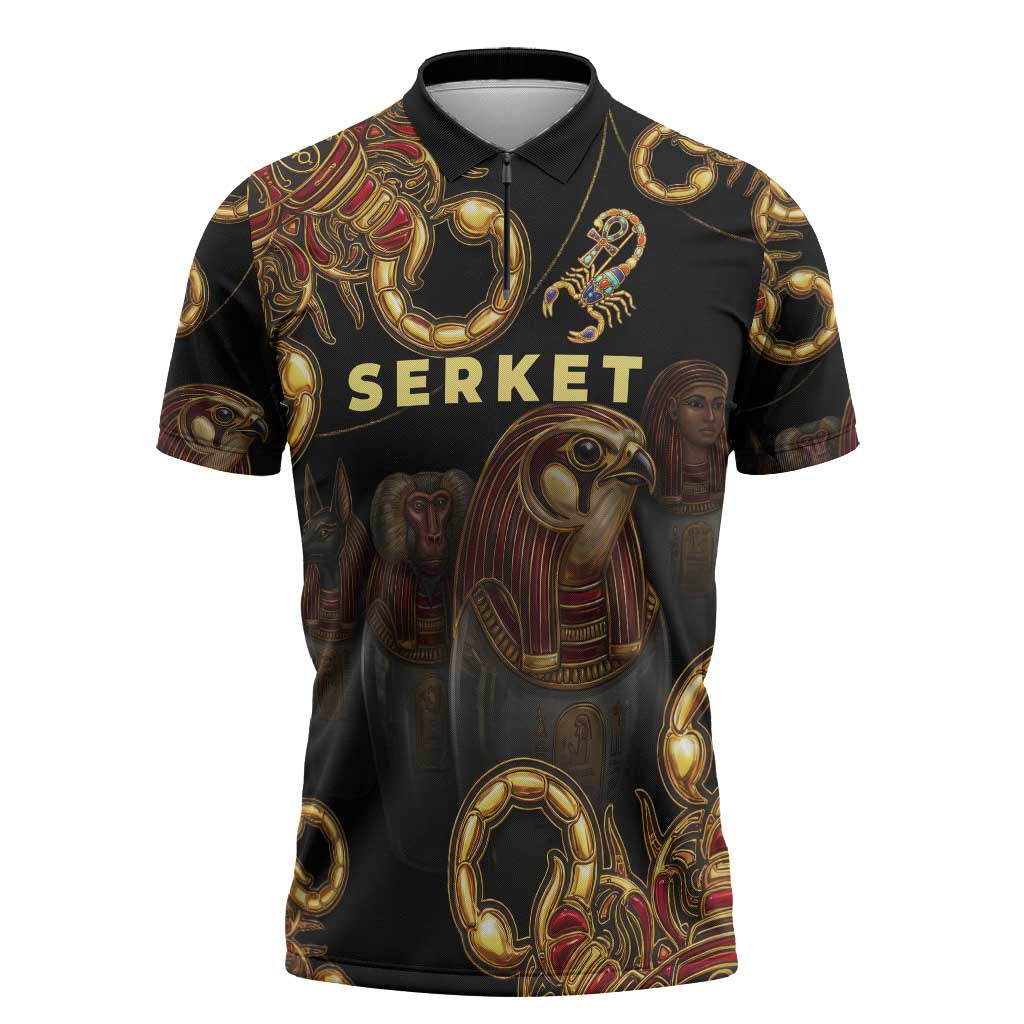 Serket Ancient Egyptian Zipper Polo Shirt with Canopic Jars and Scorpion Motif in Protection