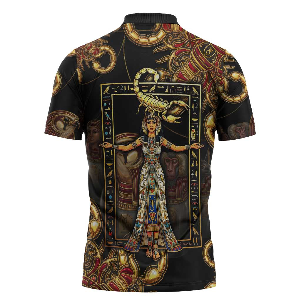 Serket Ancient Egyptian Zipper Polo Shirt with Canopic Jars and Scorpion Motif in Protection