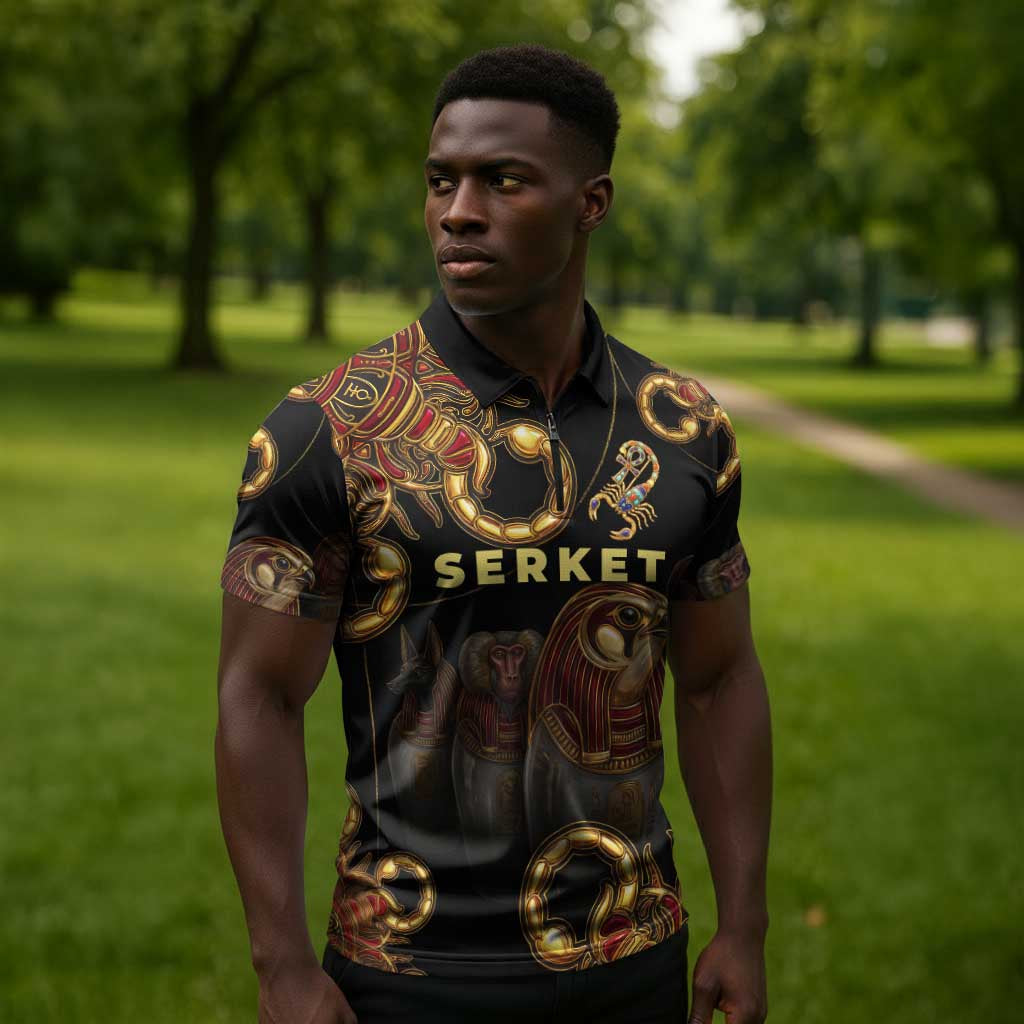 Serket Ancient Egyptian Zipper Polo Shirt with Canopic Jars and Scorpion Motif in Protection