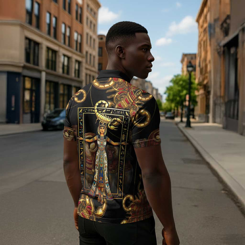 Serket Ancient Egyptian Zipper Polo Shirt with Canopic Jars and Scorpion Motif in Protection