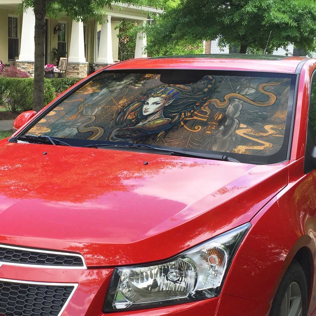 Serket Egyptian Auto Sun Shade Jeweled Scorpion and Cobweb Motif in Mystical Egyptian