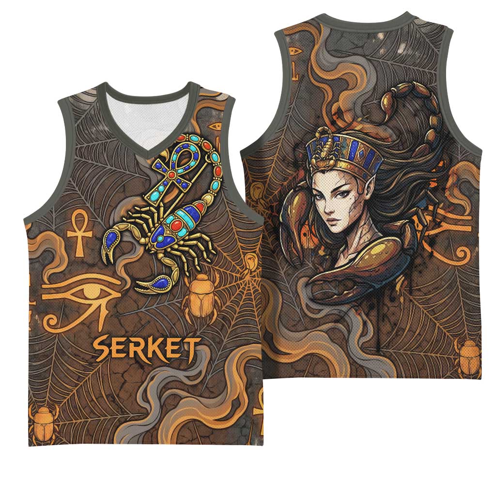 Serket Egyptian Basketball Jersey Jeweled Scorpion and Cobweb Motif in Mystical Egyptian