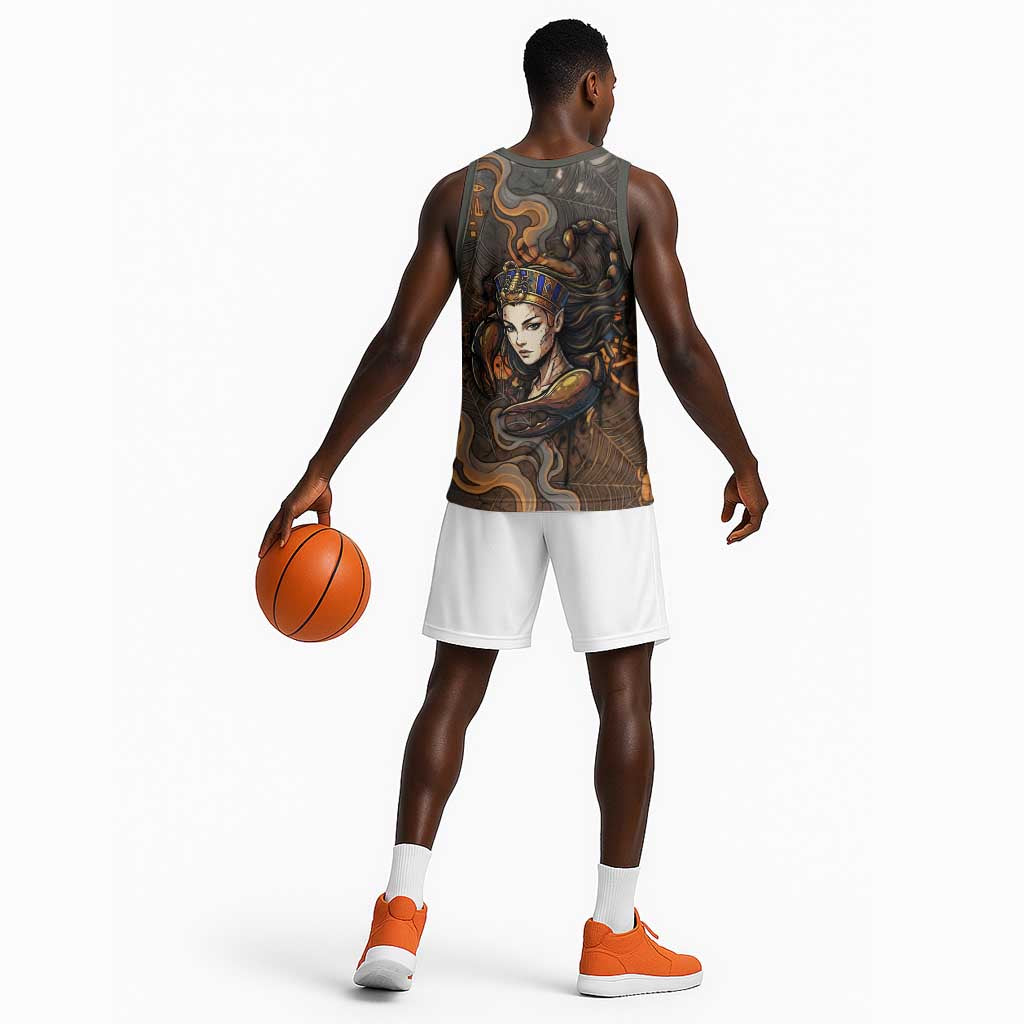 Serket Egyptian Basketball Jersey Jeweled Scorpion and Cobweb Motif in Mystical Egyptian