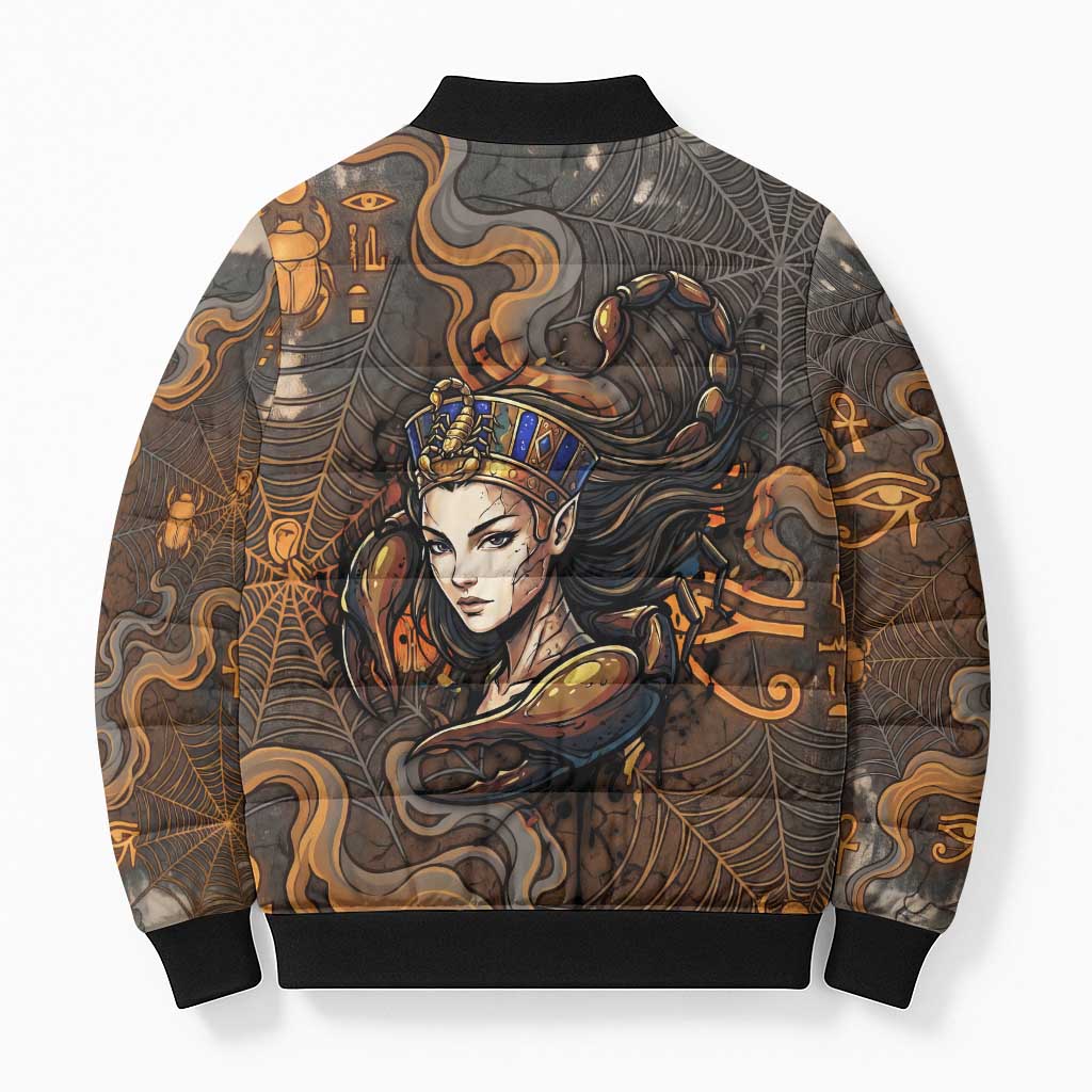 Serket Egyptian Bomber Puffer Jacket Jeweled Scorpion and Cobweb Motif in Mystical Egyptian