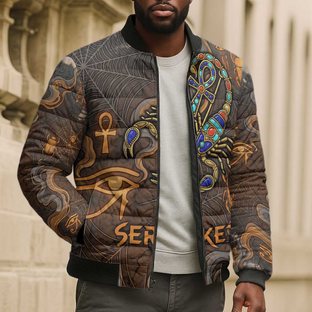 Serket Egyptian Bomber Puffer Jacket Jeweled Scorpion and Cobweb Motif in Mystical Egyptian