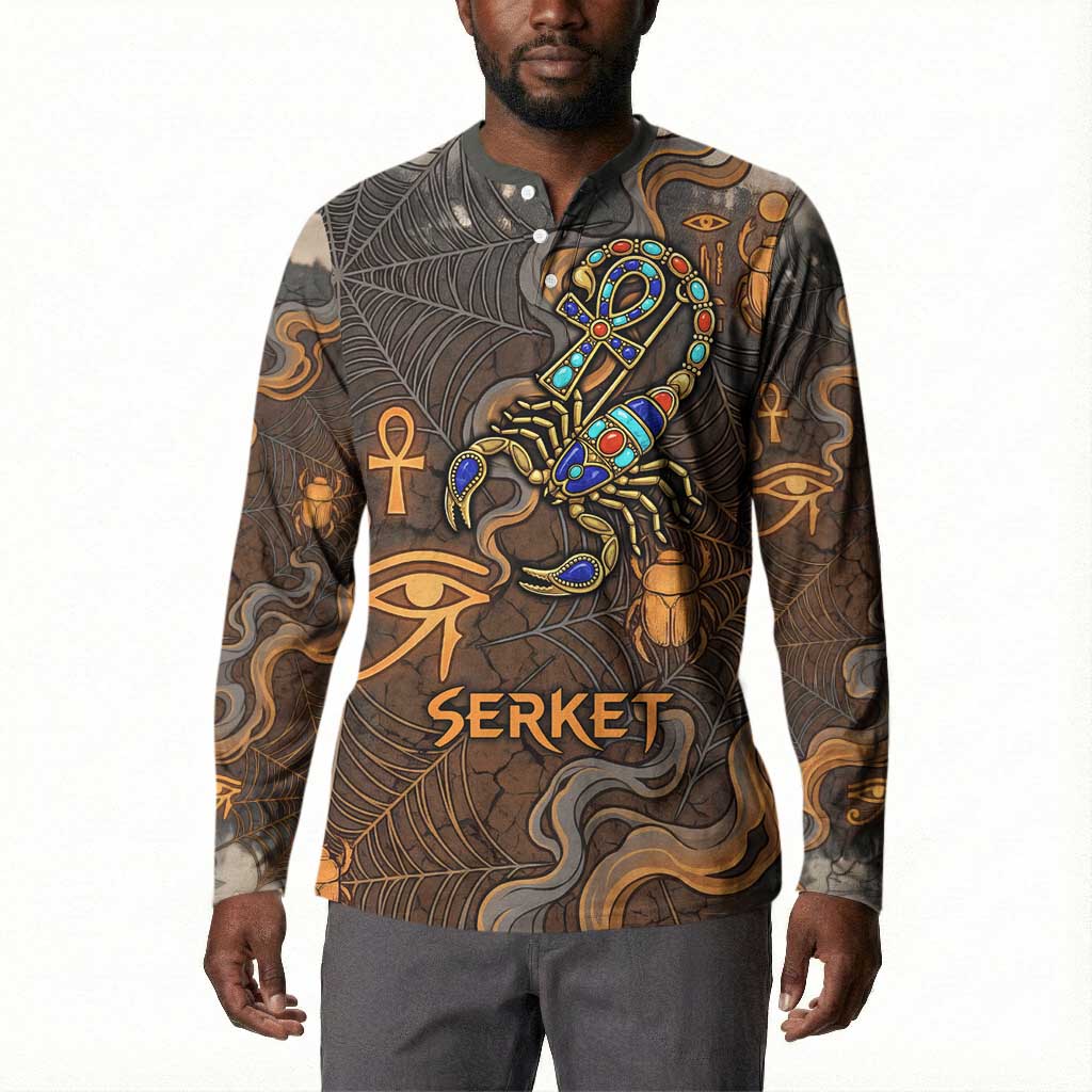 Serket Egyptian Button Sweatshirt Jeweled Scorpion and Cobweb Motif in Mystical Egyptian